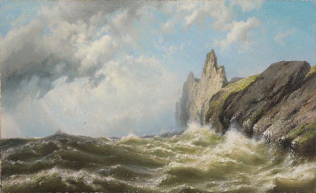 Koekkoek J.H.B.  | Onstuimige zee voor rotskust van het eiland Wight, olieverf op doek 81,3 x 131,7 cm, gesigneerd r.o.